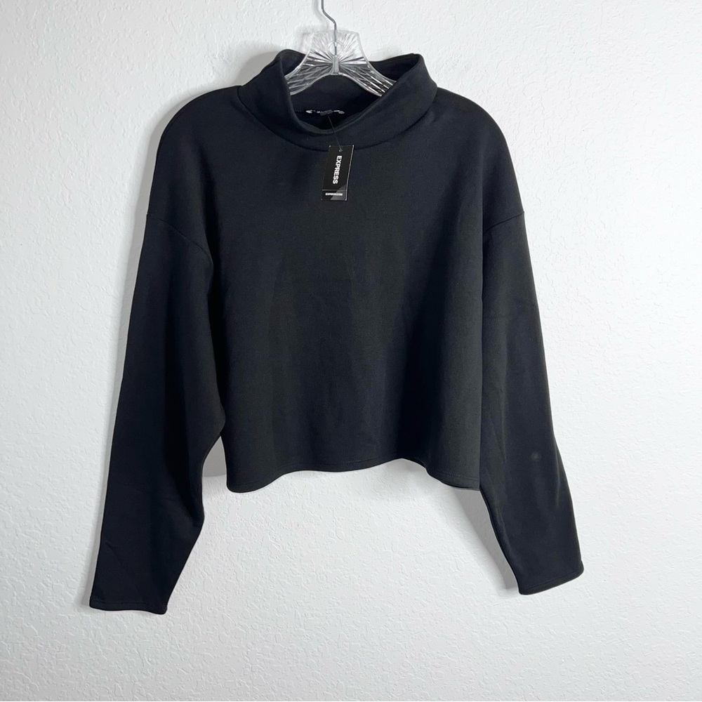 Express Sweater Women Large Mock Neck Fleece Black Crop Long Sleeve GG